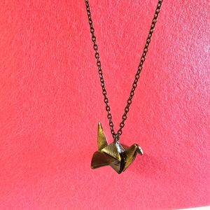 Vintage Brass Toned Metal Origami Bird Charm Necklace, with 28" Chain